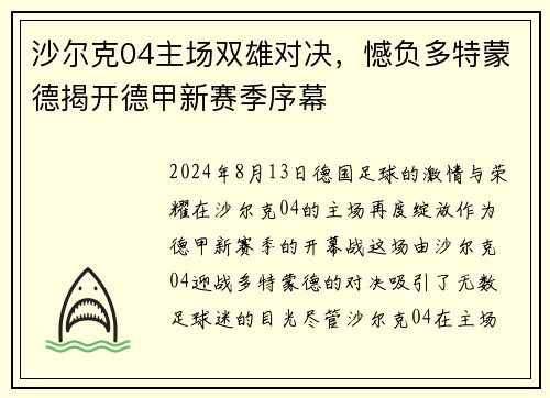 沙尔克04主场双雄对决，憾负多特蒙德揭开德甲新赛季序幕